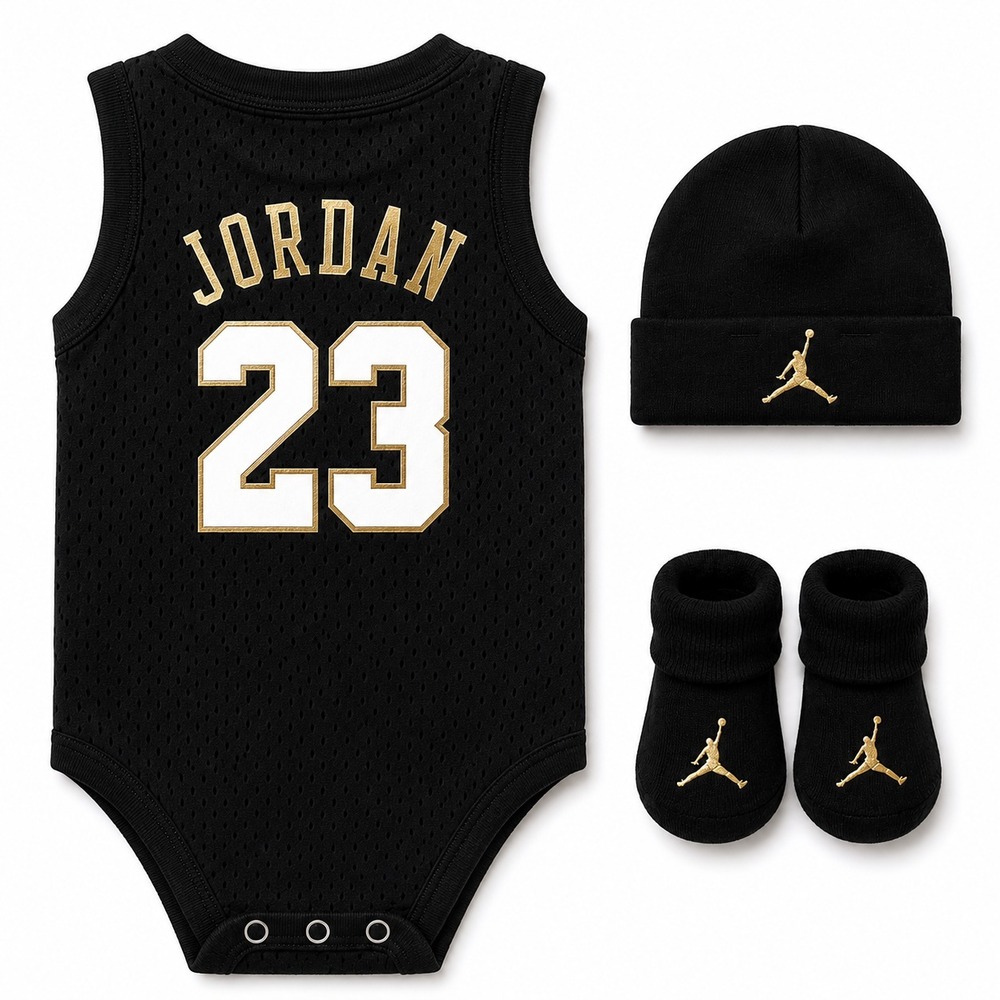 Jordan Baby Boys 3Pc Outfit Set Hat Bodysuit Booties 0-6M Jersey Black White NIB